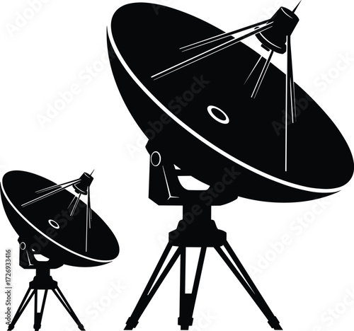 Satellite dish silhouette set, black vector communication icons, parabolic antenna illustration, signal transmission design, telecom and broadcast equipment