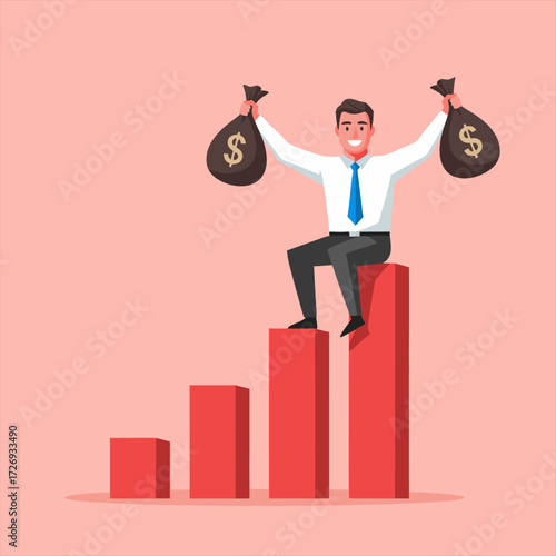 Successful Business Executive Celebrates Financial Growth Holding Bags of Money