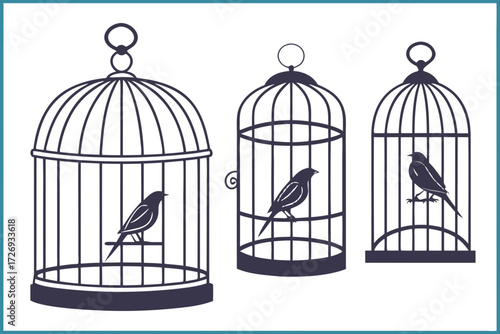 Collection of vintage birdcages vector illustration decorative cage with birds silhouette design element