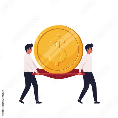 Two Men Carry a Large Dollar Coin Illustration of Business Financial Assistance