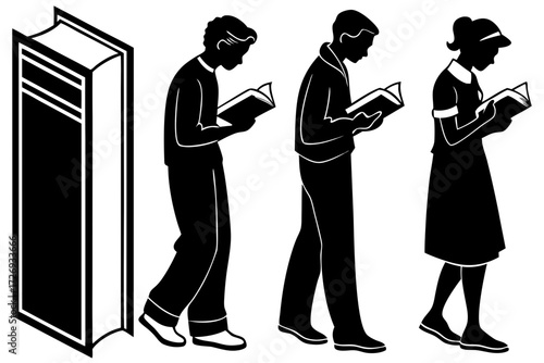 Illustration of people reading books for education and learning concept black and white silhouette vector art