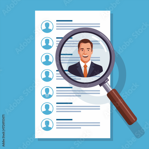 Business Recruitment Process Examining Candidates with Magnifying Glass, Analyzing Resumes