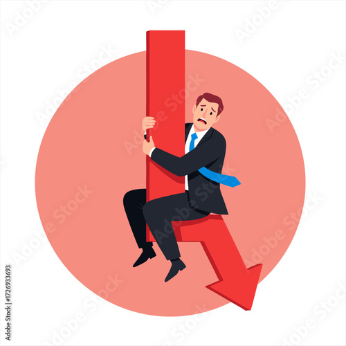 Business Downfall A Concerned Businessman Clinging to a Falling Arrow Indicating Financial Crisis