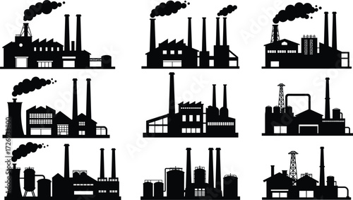 Set of industrial factory building silhouettes with chimneys, towers, tanks and smoke, vector illustration of power plants and production facilities