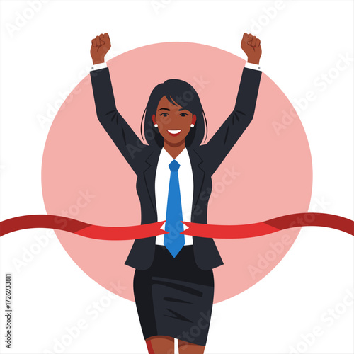 Empowered businesswoman celebrates victory, successfully concluding a significant business challenge