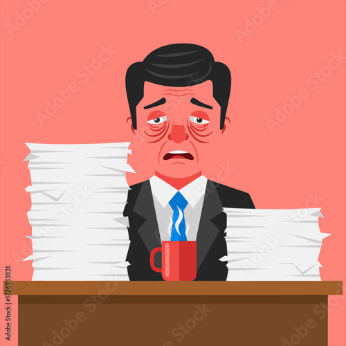 Tired Businessman Overwhelmed by Paperwork Needing Coffee A Business Illustration