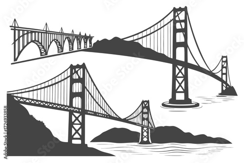 Golden gate bridge vector illustration, san francisco landmark silhouette, california travel icon, famous bridge drawing