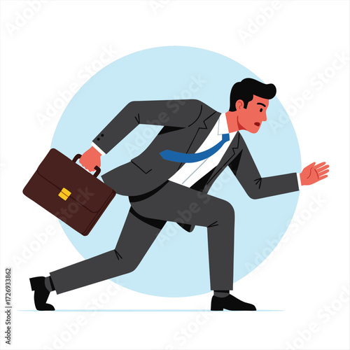 A determined businessman in a suit, carrying a briefcase, rushing forward in a dynamic business illustration