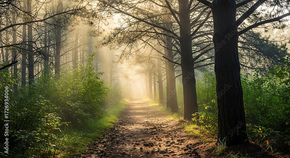Fototapeta premium Sunlit Path Through Misty Forest With Tall Trees and Lush Greenery