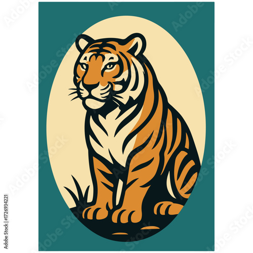 Sumatran Tiger in Oval — Endangered Big Cat, Indonesia Wildlife Poster Vector