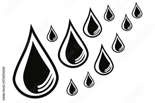 Black water drops vector illustration, rain drops, tears, water droplets, liquid drops, falling drops design silhouette