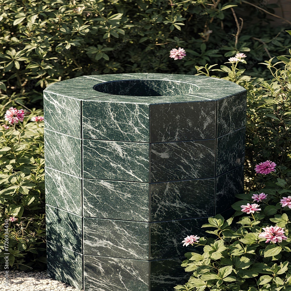 © Waheed - Outdoor garden fountain base designed with green marble tiles surrounded by flowers and lighting creating harmonious natural elegant environment