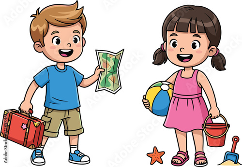 Summer vacation kids, beach travel, cartoon children, boy with suitcase, girl with beach ball, holiday fun, cheerful illustration, playful scene