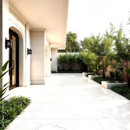 Outdoor luxury pathway designed with cream marble tiles ambient lighting and surrounding greenery creating warm elegant modern residential environment