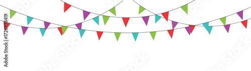 Bunting, party garlands colourful hanging icon vector. Vector triangle birthday bunting flags.  Hanging colored flags. Birthday decoration. Celebrate flags. Vector illustration.
