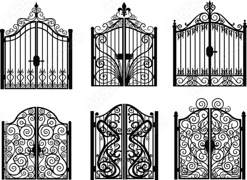 Wrought iron gate designs, ornate metalwork, decorative gates, vintage style, symmetrical scrollwork, artistic craftsmanship, fleur-de-lis, spiral motifs, elegant architecture