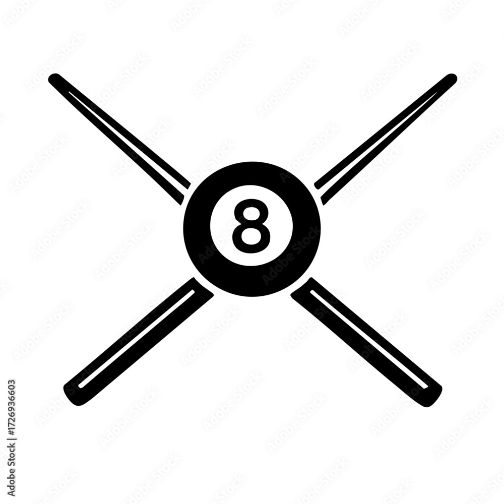 Obraz premium Monochrome billiards club logo featuring two crossed cues forming an X with a ball in the center