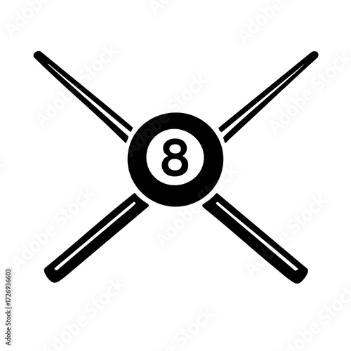 Monochrome billiards club logo featuring two crossed cues forming an X with a ball in the center