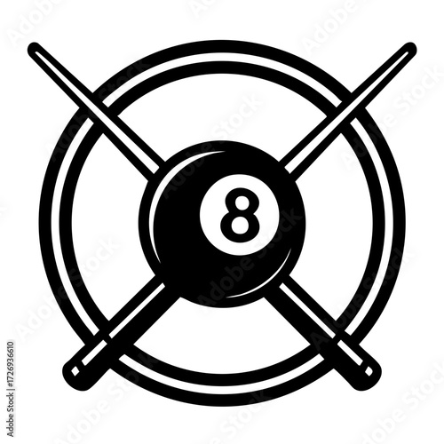 Monochrome emblem-style billiards logo with crossed cues and a circular frame