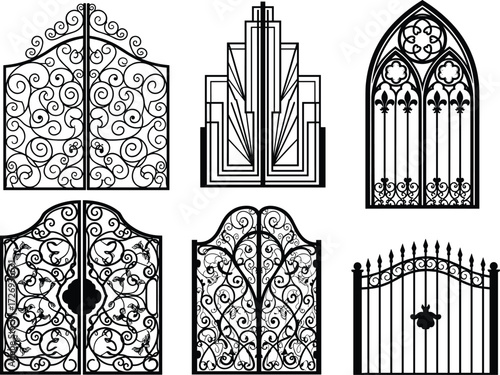 Wrought iron gate designs, ornamental metal gates, Gothic, Art Deco, floral patterns, vintage architecture, decorative fencing, black ironwork, elegant entryways