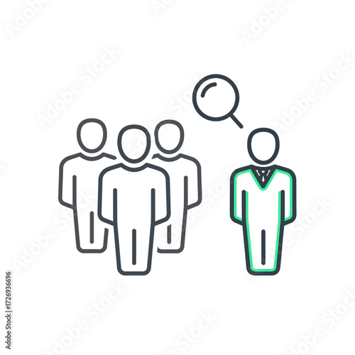 A magnifying glass hovers over one person in a group, symbolizing selection or scrutiny.