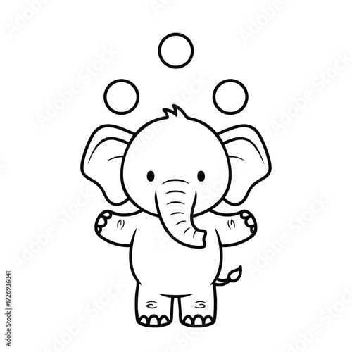 A cheerful cartoon elephant performing a juggling act with three balls in a playful and whimsical style.