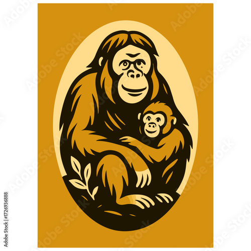 Orangutan Mother with Baby — Borneo & Sumatra Great Ape, Wildlife Oval Vector