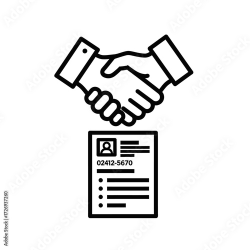 A line art icon of a handshake over a resume, symbolizing a successful job application, hiring process, or employment agreement.
