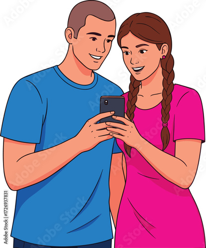 Happy young couple looking at smartphone together, smiling, bonding moment, modern technology, casual clothes, shared screen, digital connection, isolated white background.