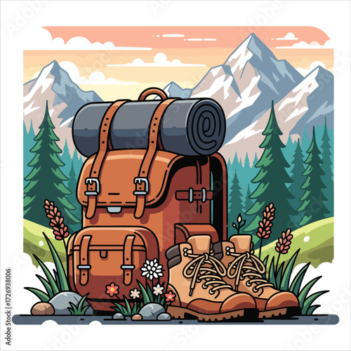 Trekking Pack & Boots — Scenic Mountain Backdrop