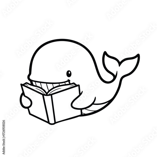 A whimsical cartoon whale happily reading a book, showcasing a playful and imaginative scene of marine life.