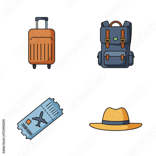 Travel luggage set with suitcase, backpack, ticket, and hat, vacation and holiday concept, tourism accessories, journey preparation, design for travel blogs and agency promotions