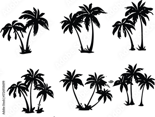 Set of black palm tree silhouettes, tropical island plants, exotic nature icons, vector illustration collection, isolated white background, tropical foliage design elements.