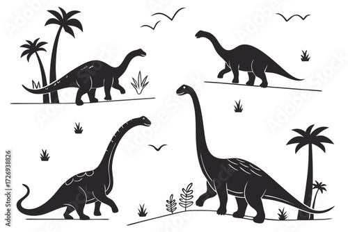 Explore prehistoric world with silhouette dinosaurs sauropods and palm trees vector illustration design