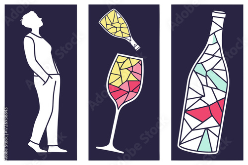 Abstract wine tasting art illustration with woman wine bottle and glass for bar restaurant decor design 100 silhouette