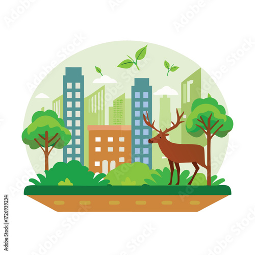 Stock images showing nature reclaiming abandoned cities, but styled positively (green vines through skyscrapers, deer walking inside malls