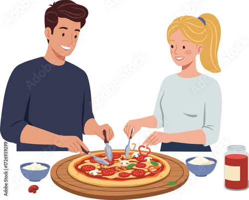 Young couple making homemade pizza together, smiling faces, cooking fun, fresh ingredients, kitchen activity, pepperoni and vegetables, casual clothing, happy moment, white background.
