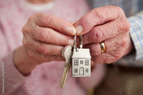 Elderly hands holding house keys with house keychain
