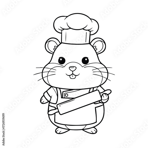 A cheerful cartoon hamster dressed as a chef, holding a rolling pin and wearing a chef's hat and apron.
