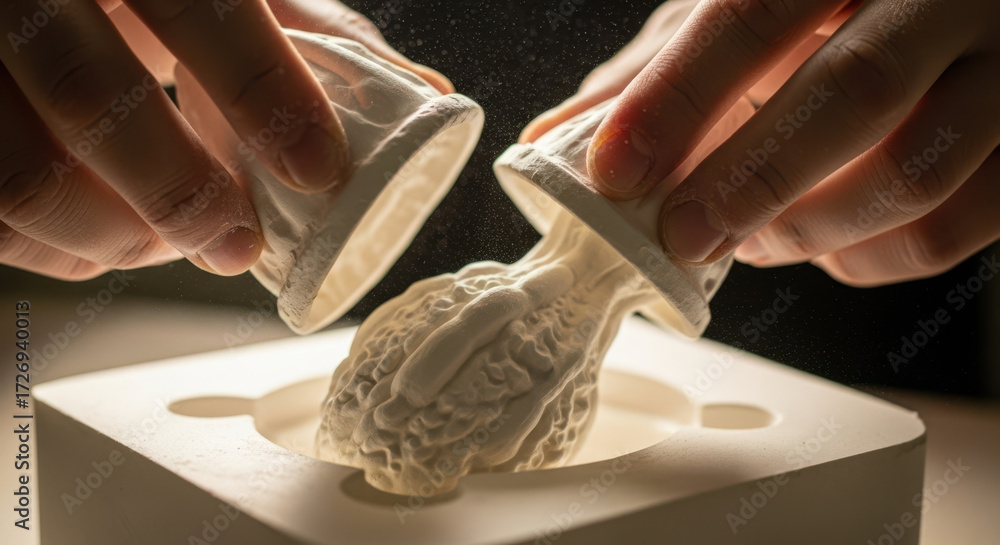 Obraz premium Creating detailed silicone brain mold using hands to separate casting cups. Process includes careful removal of silicone from mold,