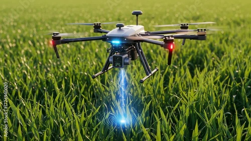 Closeup of drone hovering above green crops transmitting data for precision farming and environmental monitoring.