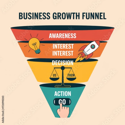 Visualize business growth funnel stages awareness interest decision action for marketing strategy success