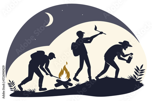 Camping trip silhouette illustration of hikers making fire at night under the moon and stars outdoors