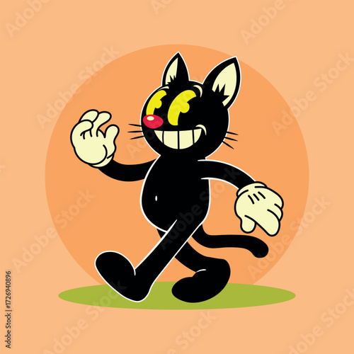 Vector illustration of a cheerful retro black cat mascot with gloves, large eyes, and a wide grin, walking in vintage 1920s cartoon advertisement style