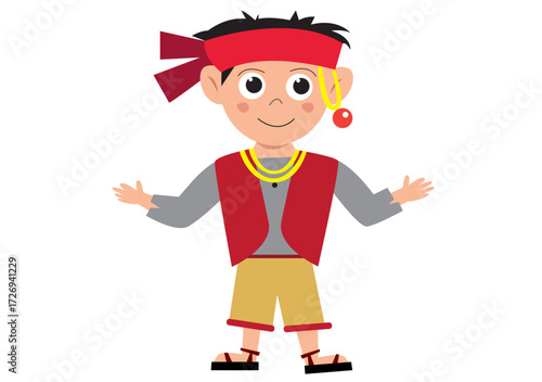 Boy with Welcome Gesture in Muslim Costume. Editable Clip Art.