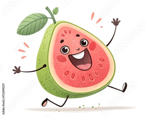 A funny cartoon illustration of a sweet, fresh guava slice with red and green colors is a juicy summer dessert isolated on white