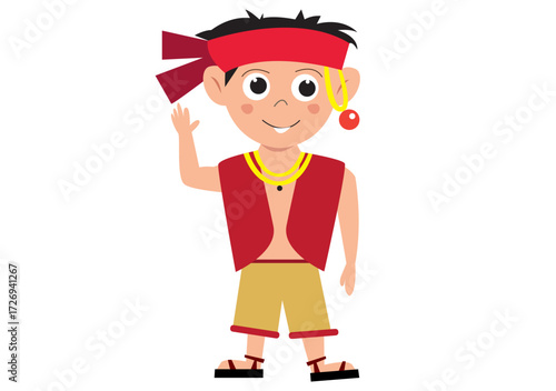 Boy  in Muslim Costume waves. Editable Clip Art.