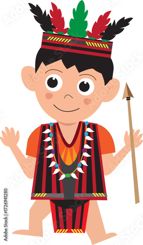 Boy in Ifugao Costume and Spear Ancient Weapon. Editable Clip Art.
