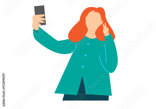 Woman using cellphone for selfie shot. Editable Clip Art.