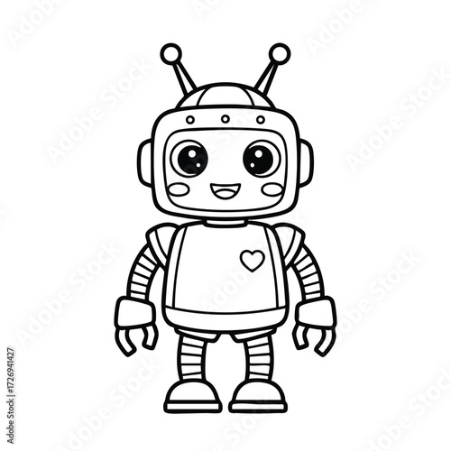 A cheerful and friendly robot character designed with a playful expression and cartoonish features for children.